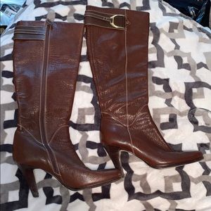 Cole Haan brown leather knees high heeled boots